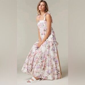 House Of Harlow 1960 Floral Linen Voluminous Tiered Maxi Dress M Pastels